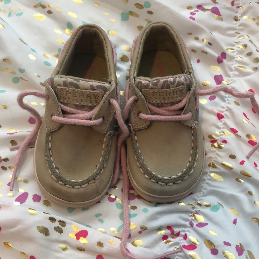 Baby Sperry Topsiders. Tan and pink leopard.